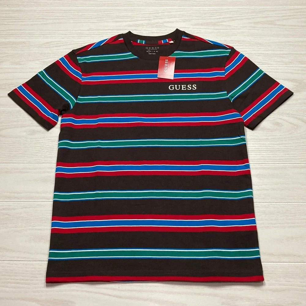 Guess Los Angeles Men's Autumn Stripe Techno Retro Spellout T-Shirt Size Small - Picture 1 of 8